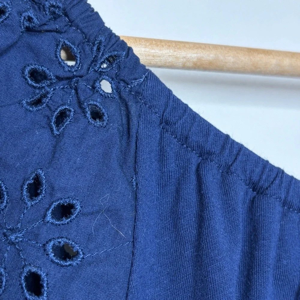 J Crew Eyelet Puff Sleeve Top Navy Womens Size M Nautical Preppy Fisherman